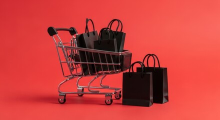 Black Shopping Bags Overflowing From a Tiny Shopping Cart on a Red Background