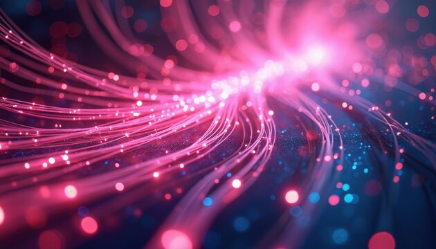 Abstract pink and violet light streaks with glowing dots swirl. These energetic lines suggest data flow, brain activity, or cosmic connections. Modern tech background for creative concepts.