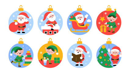 Christmas Ornaments: Festive collection of Christmas ornaments, each adorned with seasonal illustrations of Santa Claus, elf, and the magic of Christmas. 