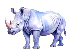 Watercolor depiction of a rhinoceros in shades of purple and blue