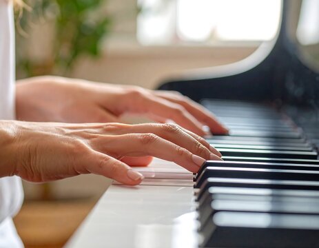 Close-up of a person's hands playing a piano in natural light