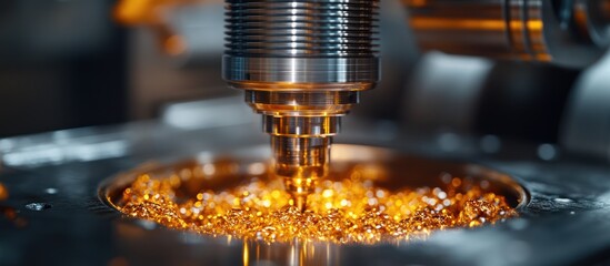 Close-up of industrial machine processing golden granules.
