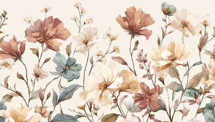 Watercolor floral border, soft tones of peach, cream, and blue