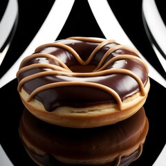 Classic Chocolate Glazed Donut with Peanut Butter Drizzle on Reflective Black Background