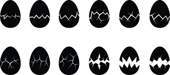 Black Silhouette Hatching Egg Icons Set Showing Shell Cracking Progression for New Beginnings and Surprise Reveal Vector.
