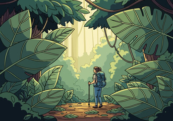 Illustration of a backpacker trekking through a dense jungle with towering green leaves, concept for adventure travel, eco tourism and exploration, Outdoor activity