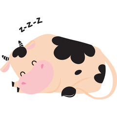 Sleeping Brown Cow With Black Spots On White Background Zzz Text Above Farm Animal Illustration Peaceful Rest