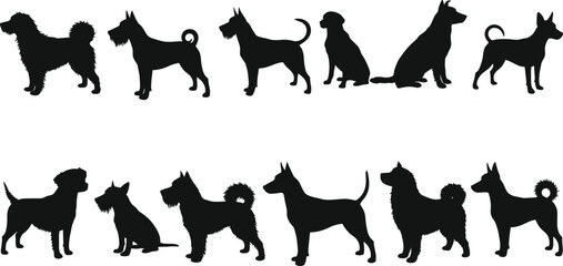 Dog silhouette collection featuring multiple breeds in standing and sitting poses, ideal for pet illustration projects, canine graphics, modern vector design and artwork use