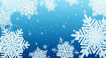 A beautiful winter wonderland scene with a frame of intricate white snowflakes falling on a serene blue gradient background