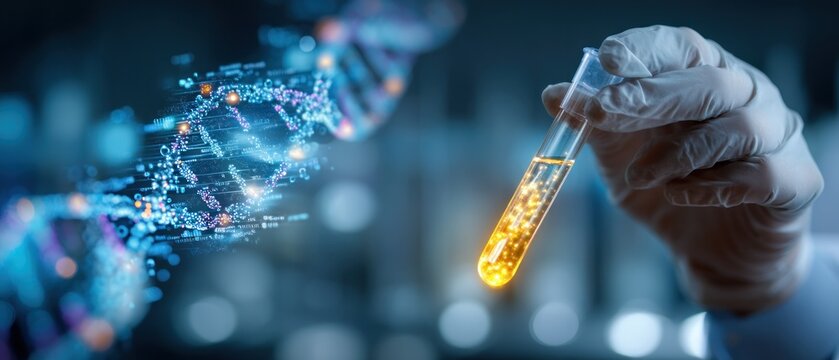 Scientist holding test tube with dna strands