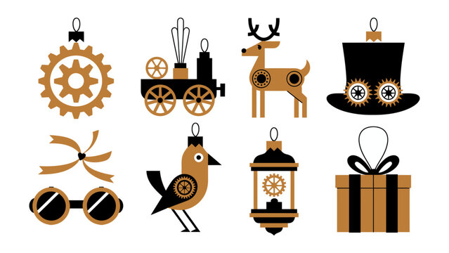 Steampunk Ornaments Illustration: A collection of quirky, steampunk-inspired ornaments, each representing a unique design and intricate details, bringing a touch of Victorian charm.