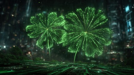 future  saint patrick's day Bright green fireworks display against a dark background.