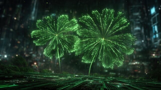 future  saint patrick's day Bright green fireworks display against a dark background.