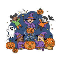 Joyful children in Halloween costumes celebrating with carved pumpkins, a ghost, and magical sparks. Festive vector illustration.