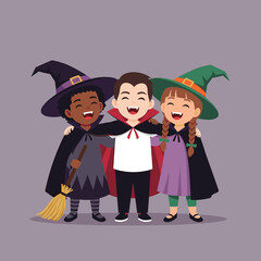 Happy Kids in Halloween Costumes: Vampire and Witches Embracing