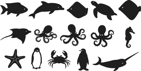 Marine animal silhouette collection featuring fish, dolphin, stingray, turtle, octopus, seahorse, starfish, penguin, crab and narwhal, perfect for ocean vector illustration projects © It's Sahed