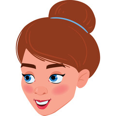 Pixelated Portrait of a Woman With Brown Hair in a Bun Smiling With Blue Eyes and Rosy Cheeks Against a Transparent Background
