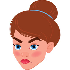 Pixelated Illustration of a Woman with Brown Hair in a Bun and Blue Eyes Showing a Displeased Expression