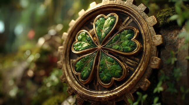 future saint patrick's day Intricate gear design featuring a four-leaf clover motif.