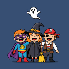 Cute Cartoon Children Dressed as Superhero, Witch, and Pirate for Halloween with Ghost