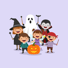 Happy Halloween Kids in Costumes with Jack-o'-Lantern. Cheerful children dressed as witch, ghost, vampire, pirate for celebration.
