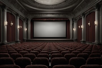 Grand Movie Theater Interior with Empty Screen and Rows of Seats.