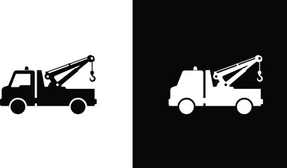Tow truck silhouette icon in black and white background, roadside assistance service vehicle illustration, car recovery, transportation, emergency towing vector design