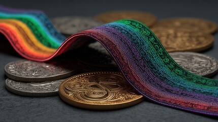 future  saint patrick's day Colorful fabric draped over coins on a dark surface.