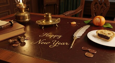 Happy New Year greetings on an antique desk with a treat