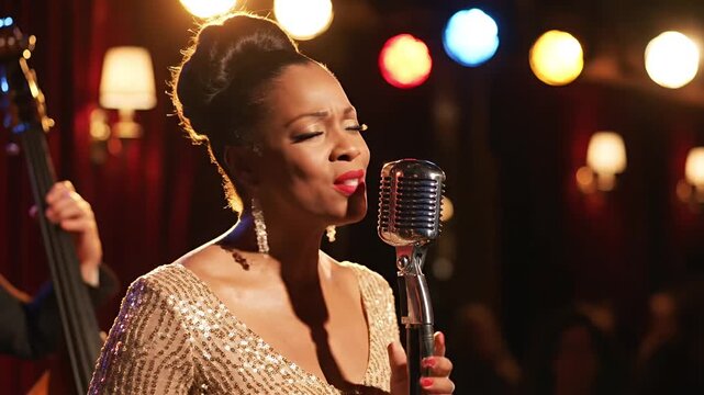 Beautiful African American singer performing live in a jazz club captivating the audience with a soulful song wearing a glamorous sequin dress and holding 