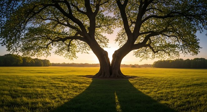 Majestic ancient oak tree casts long shadows across a vibrant green meadow at golden hour, evoking peace and natural beauty.
