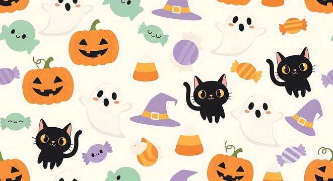 Cute Halloween seamless pattern featuring ghosts, pumpkins, black cats, witch hats, and candy on a light background