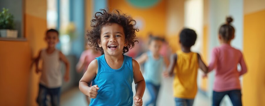 Happy diverse children run indoors. Curly haired boy laughs joyfully in front. Kids play with energy, activity, movement inside school hallway. Young students enjoy fun at daycare, preschool, primary