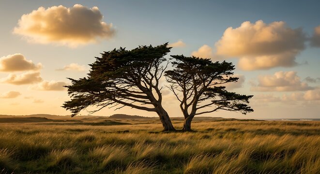 Stunning coastal landscape at golden hour features windswept trees in tall grass with dramatic clouds over the ocean horizon