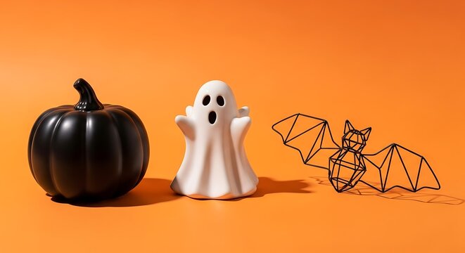Minimalist Halloween composition featuring a black pumpkin, white ghost figurine, and geometric wire bat on an orange background