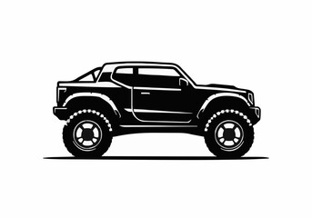 Monochrome vector illustration of an aggressive offroad vehicle with massive tires isolated graphic resource design element for logos branding merchandise