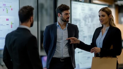 Colleagues engage in discussion about project diagrams in modern office setting, diagrams over diverse colleagues talking in office - Powered by Adobe