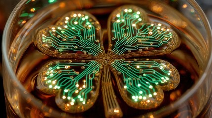 future  saint patrick's day Shamrock design with circuit patterns in a glass of whiskey.