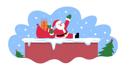 Obraz premium Santa's Merry Holiday: Santa Claus sits atop a chimney, amidst a snowy scene, spreading cheer with gifts and a joyful wave during the holiday season. 