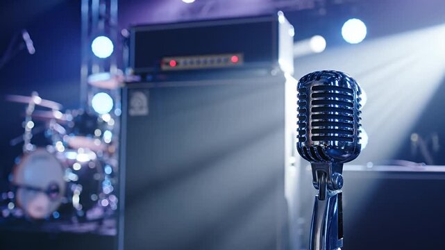 Iconic retro chrome microphone prominently displayed on a vibrant concert stage surrounded by blurred amplifier drum kit and atmospheric blue spotlights ready