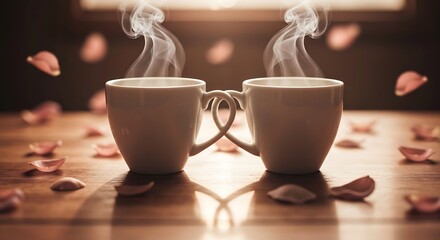 Two steaming coffee cups with intertwined handles create a heart shape, surrounded by delicate rose petals, evoking warmth and romance for a cozy moment.