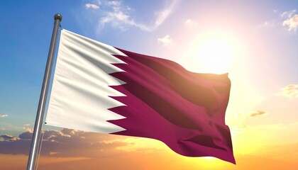 Qatar Flag Waving Majesticly Against a Golden Sunset Sky Symbol of National Pride and Independence