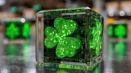 future  saint patrick's day Digital cube with circuit patterns and green glowing elements.