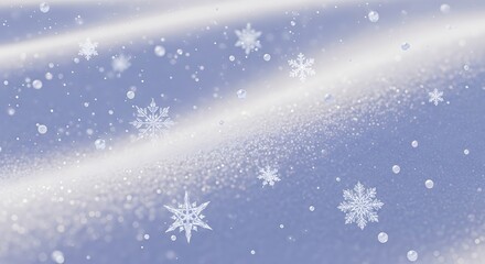 A serene winter landscape concept featuring intricate snowflakes falling onto soft, sparkling snow dunes under a gentle blue light