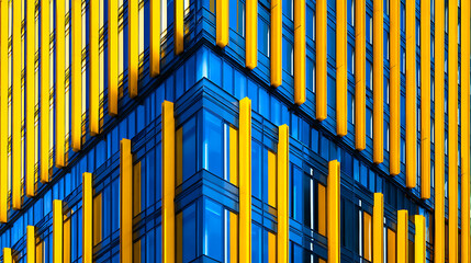 Geometric building facade with blue glass and yellow vertical fins architecture