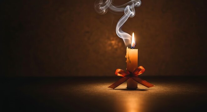 Elegant burning candle with soft smoke trails and a festive orange ribbon, casting a warm glow ideal for solemn occasions or cozy ambiance