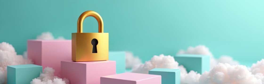 Gold lock on abstract podiums with soft clouds data protection. Concept represents digital security cloud computing, online safety. Image ideal for tech related advertising materials, security - Powered by Adobe