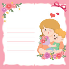 Pink Frame Flat Design Mother & Toddler Floral Card with writing space for Mother's Day baby showers or birthday greetings