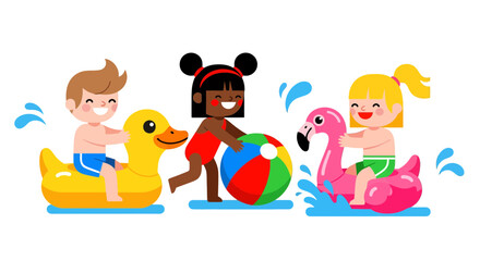 Fototapeta premium Joyful Children Enjoying Summer Water Fun with Playful Inflatables Near Open Water