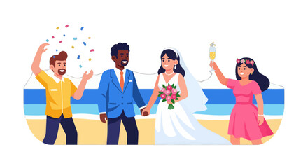 Fototapeta premium Joyful Beachside Nuptials: Diverse Couple Celebrates Their Wedding With Friends